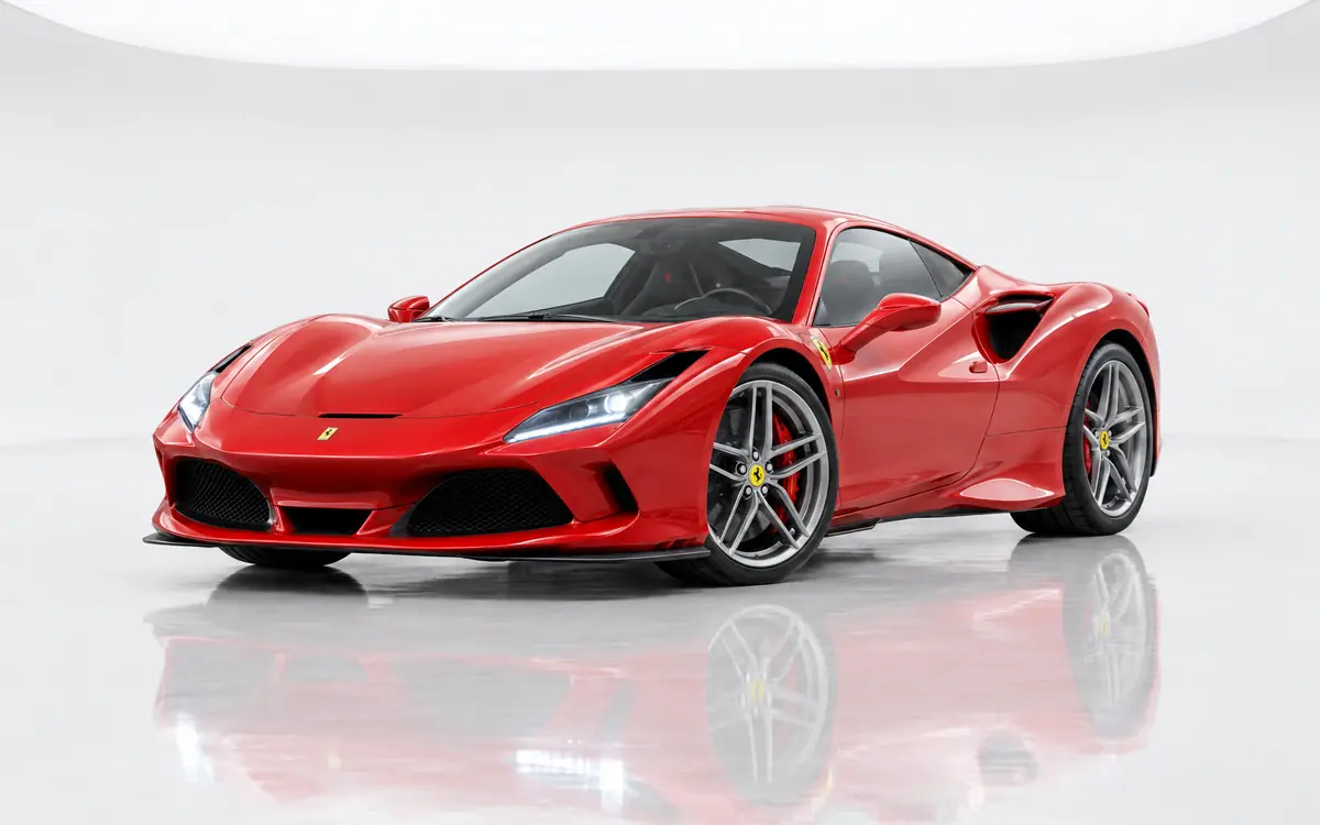 A Ferrari F8 Tributo in a white photo studio (illustrative, generated).