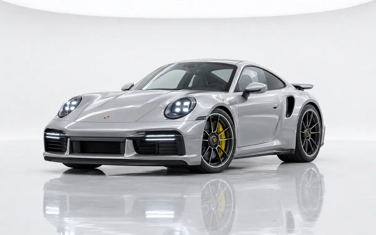 A Porsche 911 Turbo S in a white photo studio (illustrative, generated).